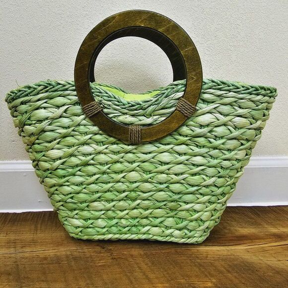 Woven Raffia Handbag with Wooden Handles Retro, Spring, - Picture 1 of 6